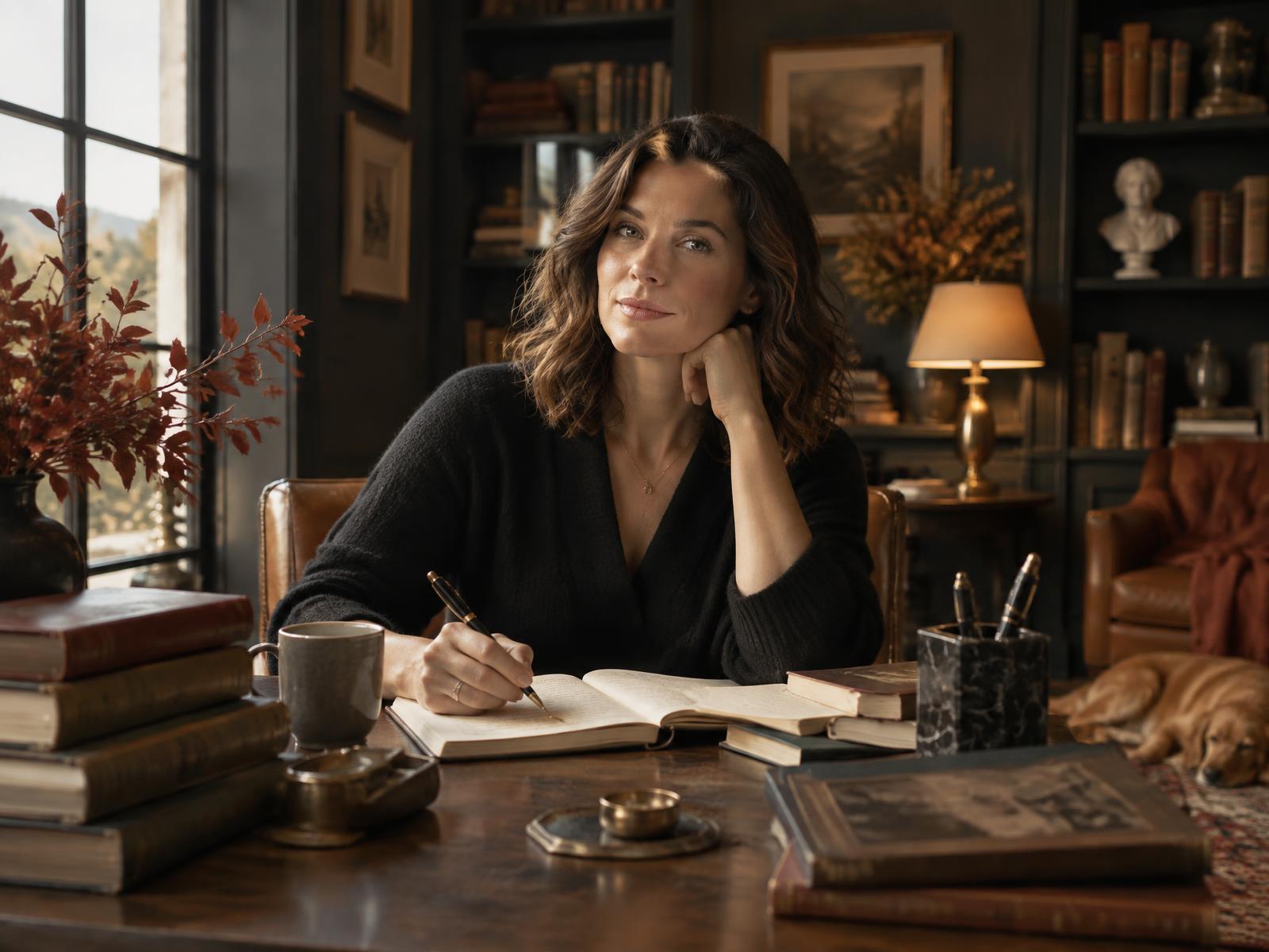 An author writing at a desk surrounded by books in a warmly lit study